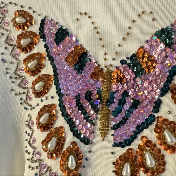 Lucia Burns Butterfly Embellished Knit Beaded Sequins Fitted Top Large Y2K NWT - Picture 14 of 16